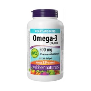 医药级纯度的欧米伽Omiga-3 软胶囊， EPA/DHA含量500 毫克，品牌-Webber Naturals